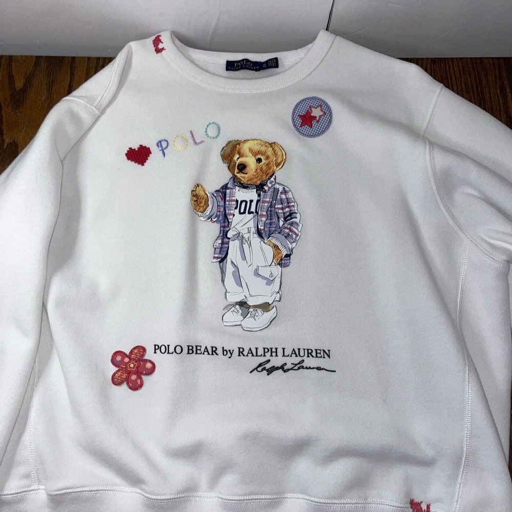Polo Ralph Lauren Womens XL Patchwork Polo Bear Pullover Sweatshirt Fleece Insid